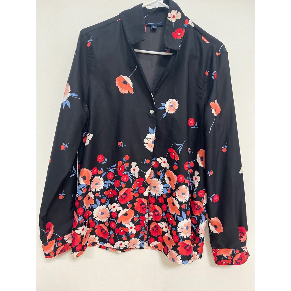 Tommy Hilfiger Womens XL Floral Long Sleeve Button Down Blouse Black Red Orange